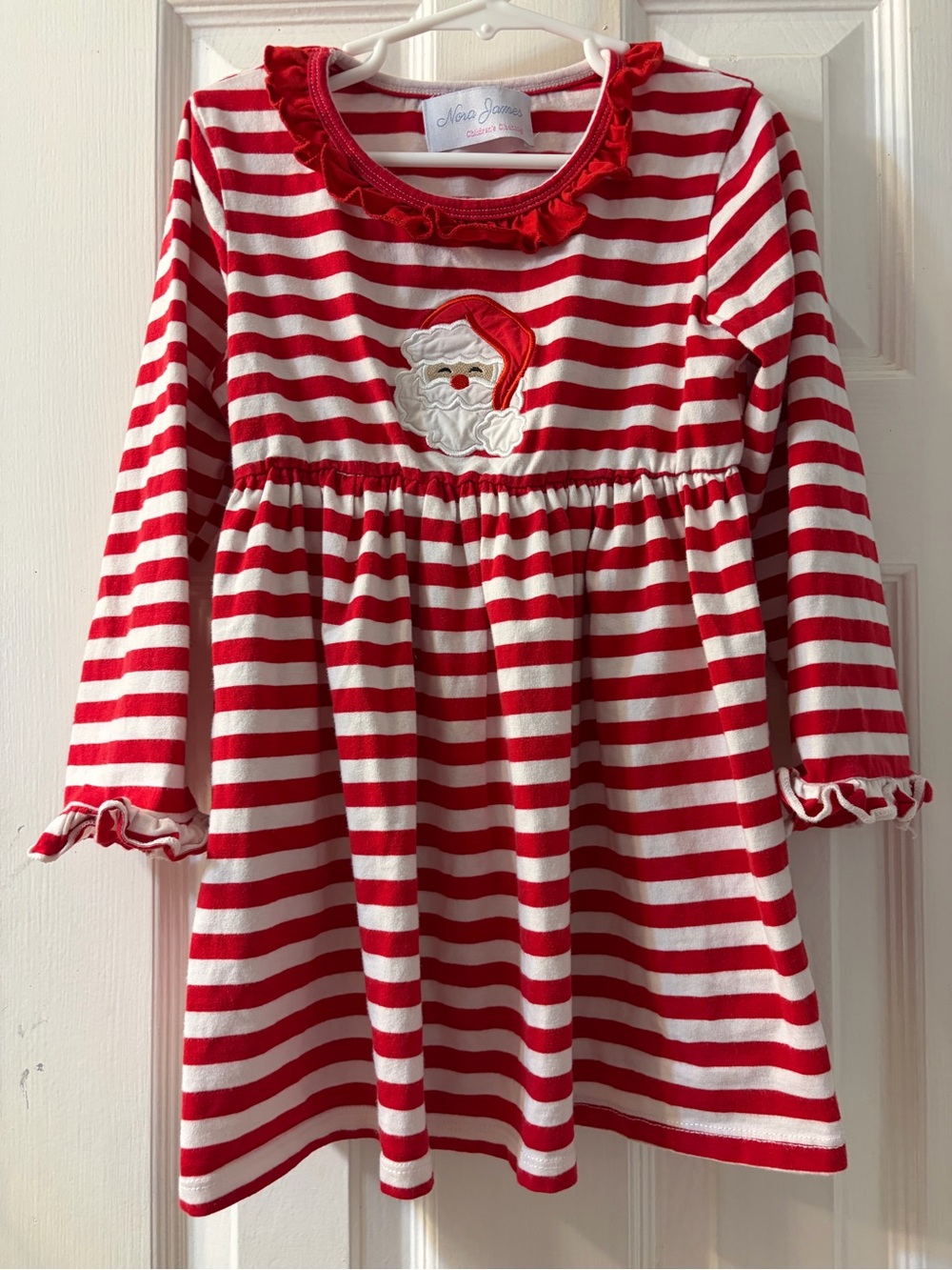 Nora James Adorable Girls Red Striped Knit Dress with Santa Embroidery Size 7-8
